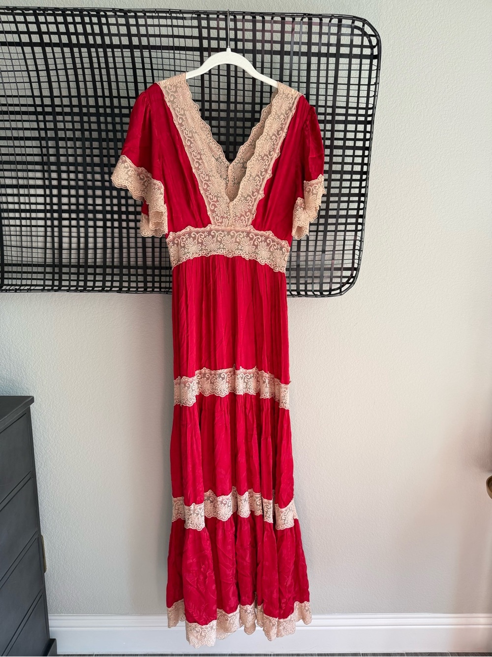 Spell Red Maxi Dress with Cream Lace Trim - Picture 2 of 7